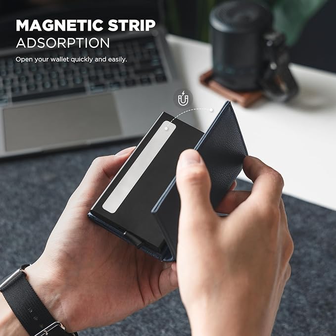 VULKIT Pop up Card Wallet Minimalist Cash Wallets RFID Blocking Leather Smart Credit Card Holder with ID window for Men