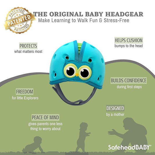 SafeheadBABY Award-Winning Soft Infant Head Protector for Crawling and Walking Expandable Lightweight Baby Safety Helmet 7–24 Months (Head Circ. 40–52 cm) – Owl Blue Green