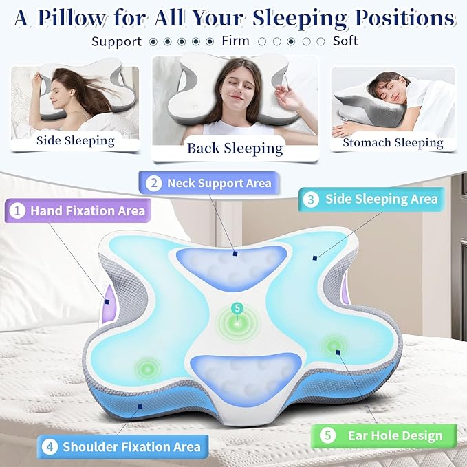 Cervical Pillow for Neck Pain Relief, Ergonomic Contour Side Sleeper Pillows for Adults, Cooling Memory Foam Pillows for Side Back & Stomach Sleepers as Ideal Gifts