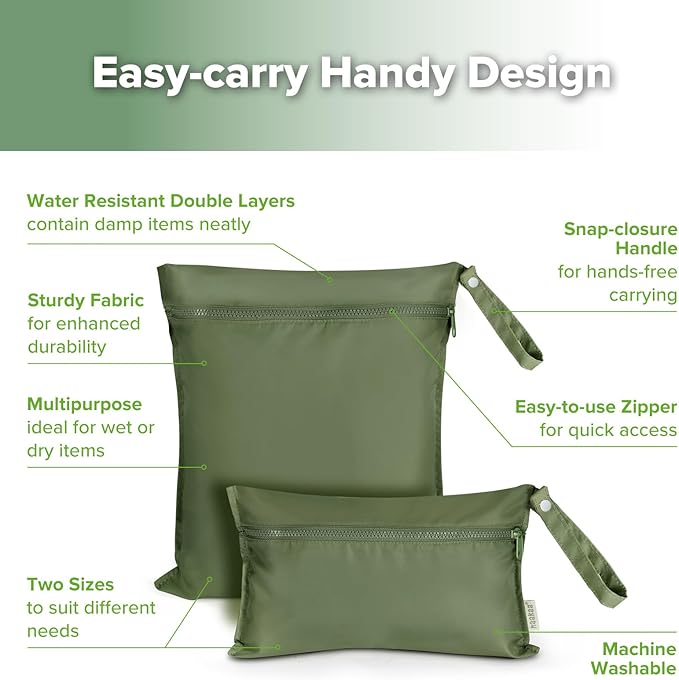 haakaa Waterproof Wet Bags for Baby Wet Dry Bags for Cloth Diaper, Swimsuit & Travel, 2pcs, Olive Green