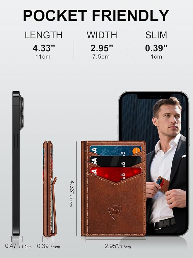ZALVEX Wallet for Men Slim Leather Wallets for 12-15 Cards, Minimalist Thin RFID Blocking Card Holder with Money Clip & ID Window, Small Bifold Front Pocket Wallet, Gifts for Men