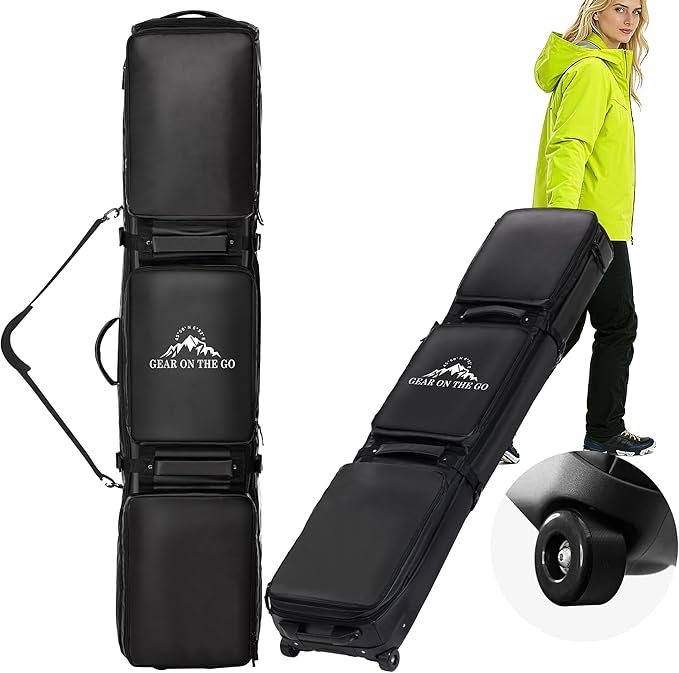 Wheeled Ski Bag for Air Travel - Extendable 155-185CM Waterproof Padded Rolling Snowboard Bag for Double Skis, Boots, Helmet & Ski Gear