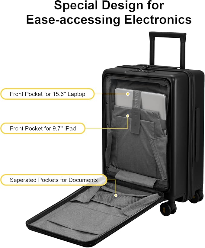 LEVEL8 Carry On Luggage with Compartment, 20 Inch Lightweight Hard Shell Rolling Suitcase with Wheels Airline Approved with Front Pocket, Double Tsa Locks, Black