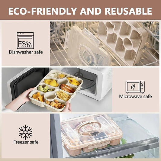 Dishwasher Safe Snackle Box Container, Snack Divided Serving Tray with Lid, Portable Snack Organizer with Date Marker, 2 Dressing Containers, Fork and Spoon, White