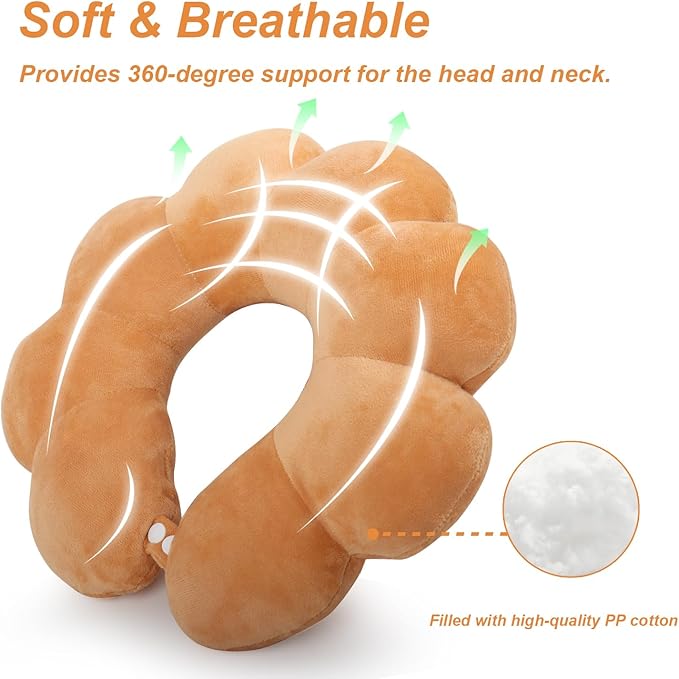 Sexysamba Flower Travel Neck Pillows for Airplanes Breathable Cotton U-Shaped Neck Pillow for Kids & Adults Head Neck Chin Support Rest Pillow for Traveling,Car,Train,Bus,Recline,Home,Office,Kahki