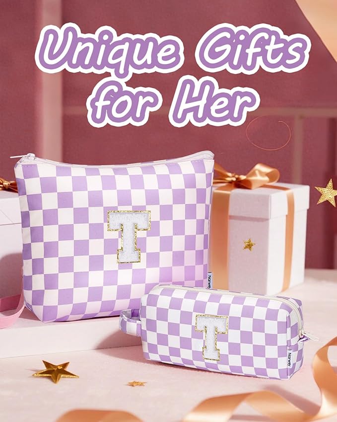 Narwey 2 Piece Personalized Initial Makeup Bag Checkered Cosmetic Bags, 6 8 10 11 12 13 14 16 18 Years Old Teen Girl Gifts Trendy Stuff Birthday Gifts for Women, Travel Toiletry Bag (Purple Letter T)