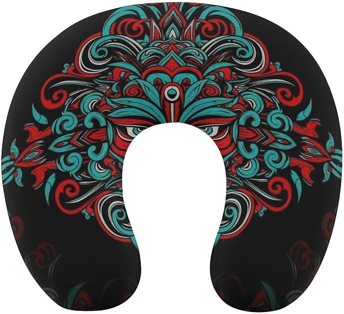 Memory Foam Travel Pillow Grunge Mexican Sugar Skulls Day of The Dead Dragon Totem, Breathable Chin Head Support, Washable Zip Cover for Airplane Car Office Pain Relief