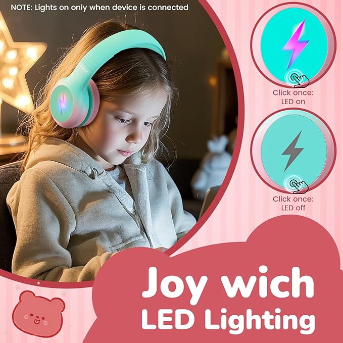 Kids USB C Headphones for School, 2025 Upgrade Safe Listening Wired Over-Ear Headphones with LED Lights, Volume Limiter & Microphone, Foldable Design for iPhone 16, iPad, Tablet (Green Pink)