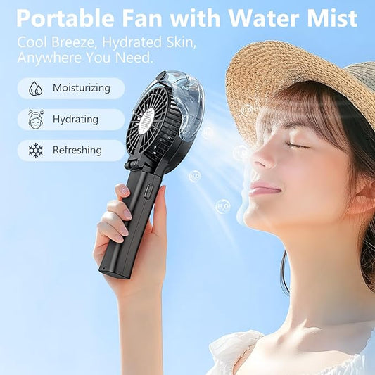 6000mAh Portable Handheld Misting Fan as Power Bank, 50ml XL Water Tank, 20H Runtime 3 Speeds, 180° Foldable Rechargeable Mist Fan for Travel, Outdoors, Makeup - Black