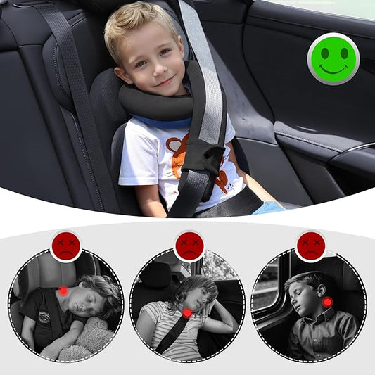 Kids Travel Neck Pillow, Comfortable Head & Chin Support for Car seat & Airplane, Toddler Pillow for Sleeping on Road Trip, Gifts for Child (Black & Light Blue)