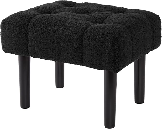 HOUCHICS Fur Padded Foot Stool, Small Ottoman Foot Rest with Wooden Legs,Modern Rectangle Chair Foot Rest Foot Step Stool for Living Room, Couch, Desk(Black)