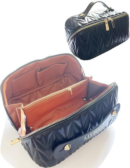 Travel Makeup Bag for Women, Large Capacity Cosmetic Bags for Girls, Compact Pouch Make up Organizer, Waterproof Toiletry Bag with Divider and Handle (Black)