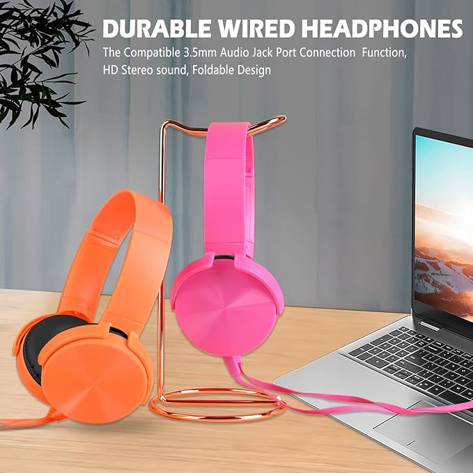 Kids Headphones 2 Pack for School Classroom K-12, Durable Wired Student Computer Online Learning Headset for Laptop Library Airplane and Travel (Pink+Orange)
