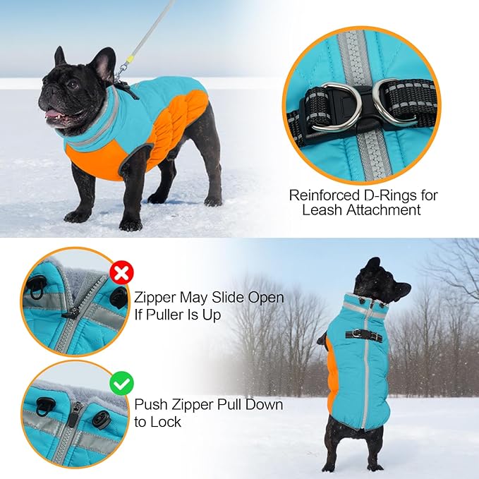 OUOBOB Warm Dog Jackets for Large Dogs, Waterproof Dog Coat with Harness Built in, Zipper Clousure, Fleece Lining for Cold Weather Outdoor Walks, Pet Snowsuit for Shiba Inu, French Bulldog - L