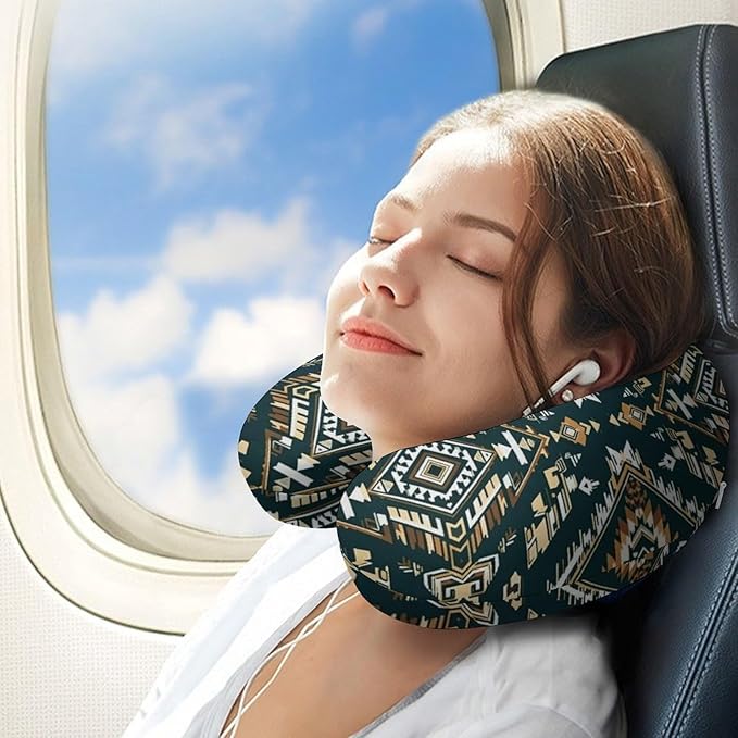 Unisex Travel Neck Pillow Memory Foam U Shaped Cushion Ethnic Indiana Southwest Western Tribal Aztec Green, Washable Cover for Men Women Airplane Car Home Rest
