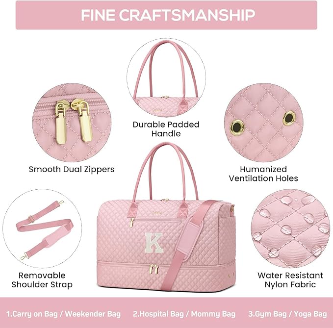 Letter Weekender Bags for Womens - Duffle Bag with Shoe Compartment Personalized Overnight Bag with Toiletry Bag Duffel Bags for Gym Hospital Bags Gift for Women Pink (Letter K)