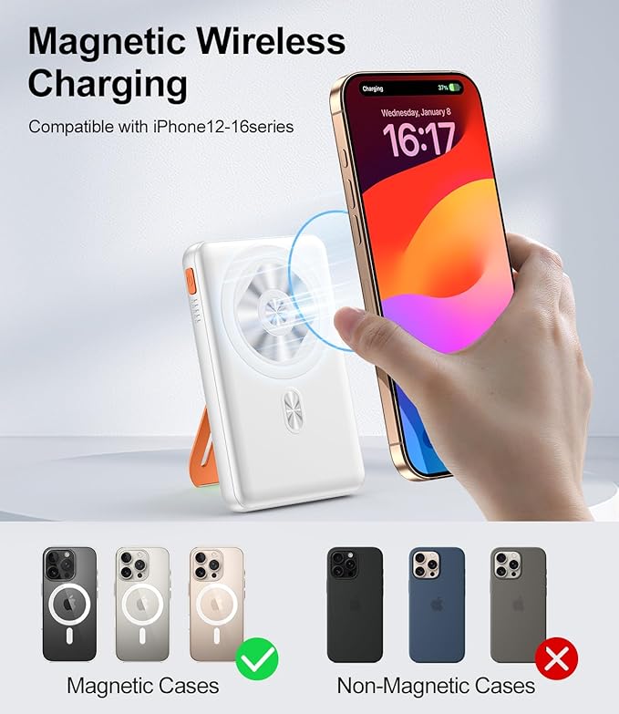 Magnetic Power Bank 10000mAh,Foldable Wireless Portable Charger with Fan Active Cooling System,Fast Charging Battery Pack,Compatible with iPhone 16/15/14/13/12 Pro/Pro Max/Plus/Mini