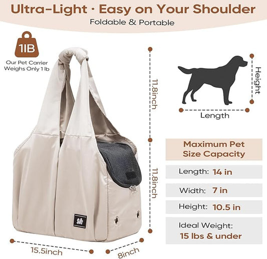 Dog Purse Carrier for Small Dogs, Cats, and Puppies – Soft-Sided Travel Pet Tote Bag with 4 Large Pockets, Foldable, Lightweight, Fits Pets up to 15 lbs, for Travel, Outings (Beige)