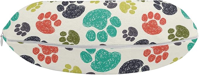 Ambesonne Dog Lover Travel Pillow Neck Rest, Hand Drawn Paw Print Doodles Circular Pattern Drawing Style Animal, Memory Foam Traveling Accessory for Airplane and Car, 12", Charcoal Beige