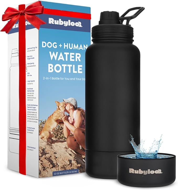 Dog Water Bottle for Dog Lovers - 32 oz Stainless Steel Double Wall Insulated Water Bottle with 8 oz Detachable Bowl on Bottom for Doggy Mom & Dad for Christmas- Black