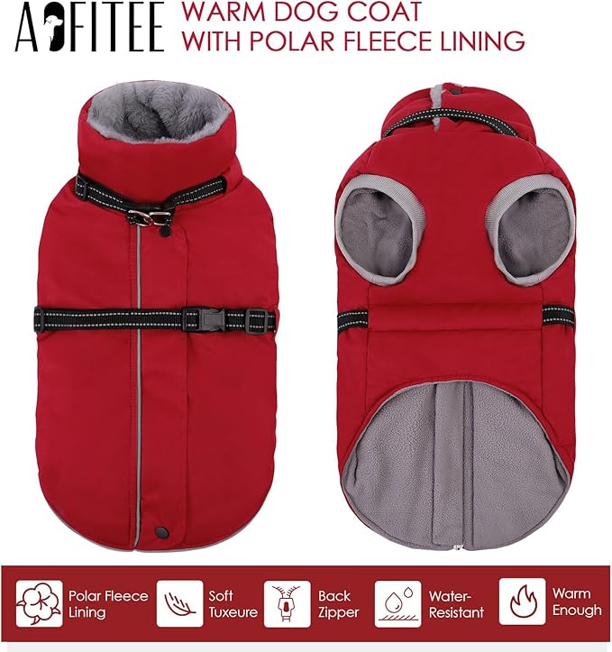AOFITEE Dog Coat, Warm Dog Jacket Winter, Waterproof Dogs Winter Coat with Harness & Zipper, Reflective Turtleneck Fleece Pet Puffer Jacket Snowsuit for Jack Russel, Boston Terrier, Christmas Red M