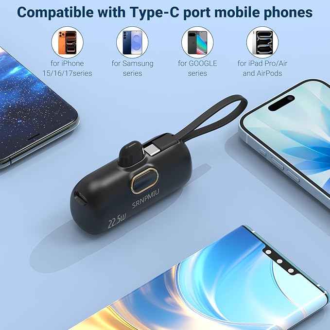 Portable Charger for iPhone 17/16/15 Series, 5000mAh Mini Power Bank with Built-in USB C Connector, 22.5W Fast Charging Battery Pack for Samsung Galaxy S25/S24/S23 Series, iPad etc (Black)