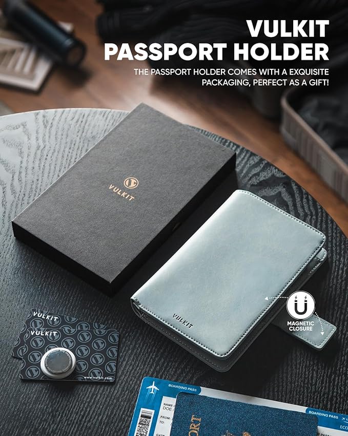 VULKIT Passport Holder with Airtag Holder RFID Blocking Passport Wallet Travel Leather Passport for Women(Blue)