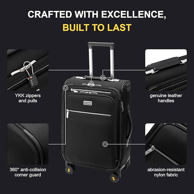LEVEL8 Carry On Luggage with Compartment, 20 Inch Softside Expandable Travel Suitcase with Spinner Wheels, Top Opening Luggage, Men and Women, Black