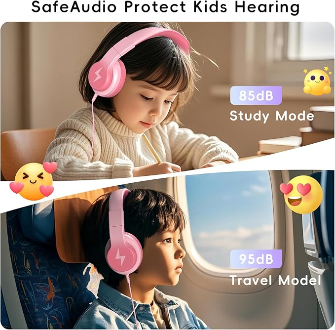 Kids Wired Headphones for Kids with Microphone, 85/94dB Volume Limiter Headphones for Girls Boys, Light Pink