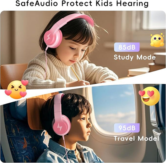 Kids Wired Headphones for Kids with Microphone, 85/94dB Volume Limiter Headphones for Girls Boys, Light Pink