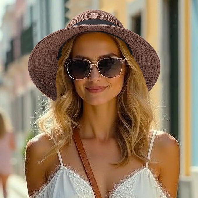 DRESHOW Sun Hats for Women Travel Fedora Foldable Beach Sun Hat Summer Wide Brim Straw Bucket Hat with Bowknot UPF 50+