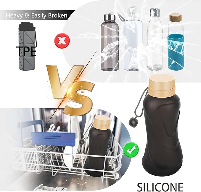 Collapsible Water Bottles,650ml,Leak Proof,Reuseable BPA Free Silicone Foldable Water Bottles,Durable Lightweight for Travel Gym Camping Hiking,Compact Size Portable Sports Water Bottle (Black)