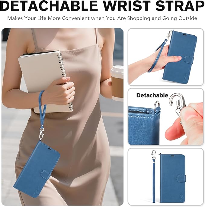 TUCCH Wallet Case for iPhone 17 (6.3-Inch) 2025, Wrist Strap | RFID Blocking 4 Card Holders | Kickstand | Shockproof TPU Shell | PU Leather | Magnetic | Protective Flip Cover | Light Blue