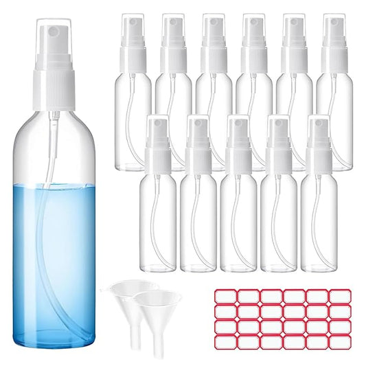 Spray Bottles, 2oz/50ml Clear Empty Fine Mist Plastic Mini Travel Bottle Set, Small Refillable Liquid Containers with 2pcs Funnels and 24pcs Labels (12 Pack)