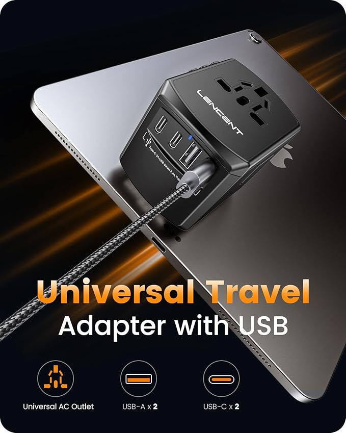 LENCENT Universal Travel Power Adapter, International AC Plug Adaptor with 2 USB C 2 USB A Ports Wall Charger Worldwide Travel Essentials for US to EU UK Ireland Australia (Type C/G/A/I) Black