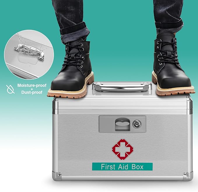Medicine Storage Box with Key for Safe Medication - 13.4 x 7.6 x 8.2 Inches - Empty Lockable First Aid Box Organizer Container for Drugs for Home, Dorm, Office, Outdoor (Silver/Large)