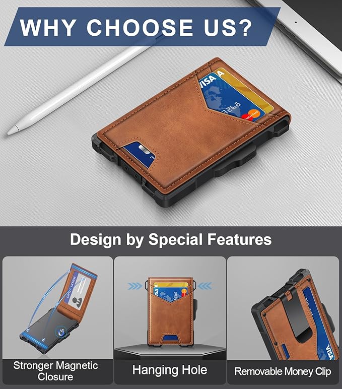 Wallet for Men, Minimalist Slim Mens Wallet with Money Clip, RFID Blocking Smart Pop Up Card Wallet with ID Window, Compact Bifold Wallet, Metal Aluminum Credit Card Holder（Brown）