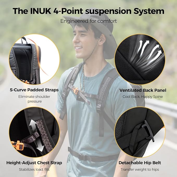 INUK Laptop Backpack for College Students & Work, 25L Lightweight Waterproof Backpack for Business Travel, Hiking Daypack with Padded Sleeve and Safety Whistle, Made from Recycled Materials，Black