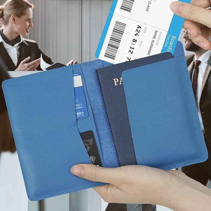 Full Grain Leather AirTag Passport Holder Wallet Cover for Men and Women Travel, Passport Holder with AirTag Slot Passport Wallet, Travel Essentials Genuine Leather Passport Cover Gifts (Blue)