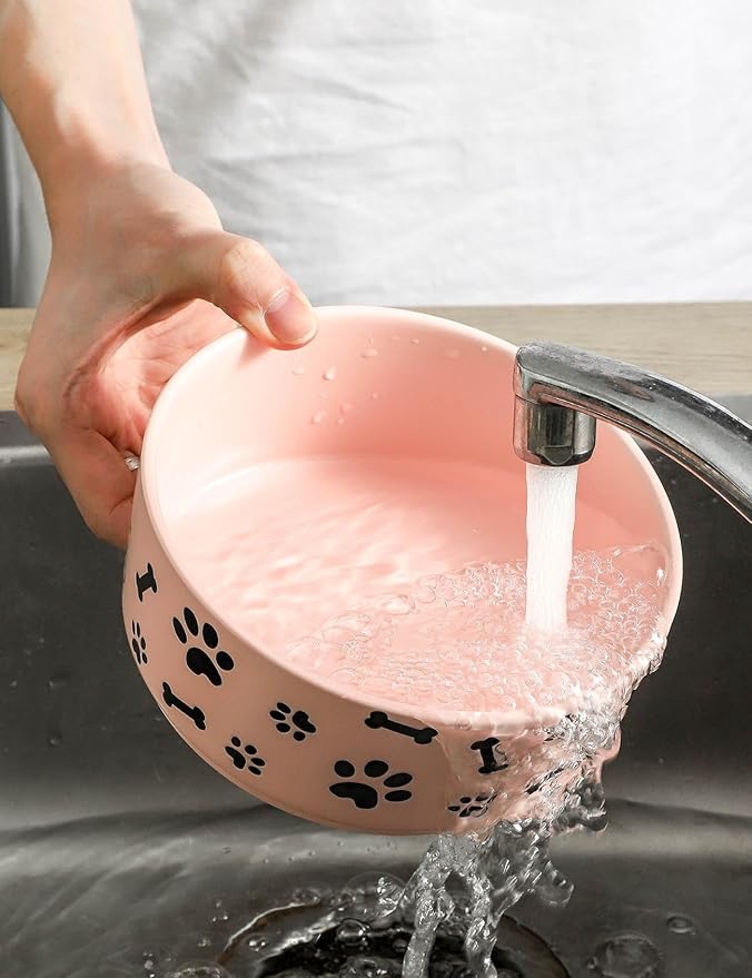 UBEE Ceramic Dog Bowl Set of 2, 6.5 inch Dog Food Bowl Dish with Bone Paw Pattern, Pet Food Water Dish Feeding for Small and Meidum Dogs and Large Cat, Pink