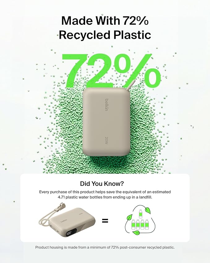 Belkin Portable Charger, Slim USB-C Power Bank 10,000mAh w/ 2 USB-C Ports, Digital Battery Display, 20W Charging Battery Pack - iPhone 17, Air, Pro, Samsung Galaxy S25, Pixel 10, iPad, & More - Sand