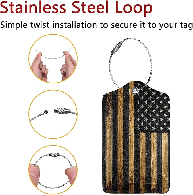 2 Pack Luggage Tags for Suitcase, Privacy Cover ID Label with Stainless Steel and Address Card for Travel Bag Backpack Cruise Ship Essentials Tag Women Men - Wood American Flag