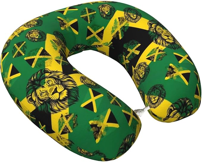 Neck Pillows for Travel Lion of Jamaica Flag, Women and Men Airplane Car Pillow, Neck Support U Shaped Pillow for Rest Pain Relief Sleeping