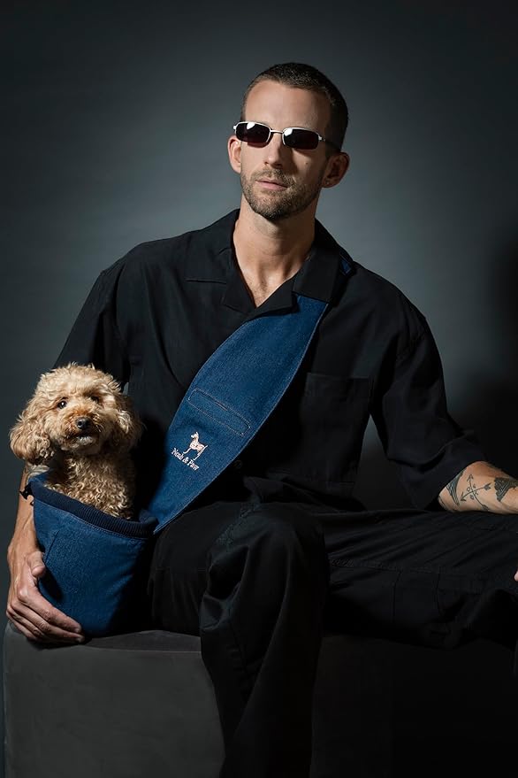 Noah & Paw Dog Sling Carrier for Small Dogs 5-18lb, Dog Sling for Small Dogs and Cats, Dog Carrier with Adjustable Padded Strap, Vegan Denim Lined with Fur, 3X Safety Features, Machine Washable