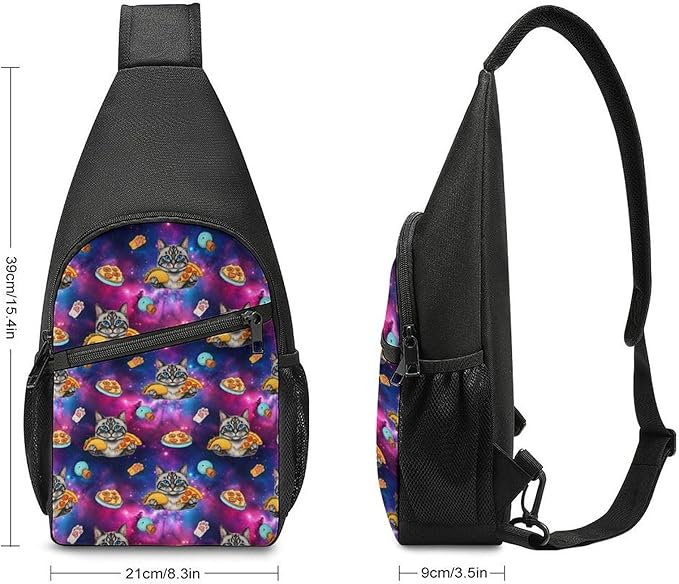 SWEET TANG Men's Crossbody Bags, Casual Daypacks Funny Cute Galaxy Cat Taco Pizza for Cycling and Travel, Fashion Sling Shoulder Backpack Square Rucksack with Small Pocket for Key Purse