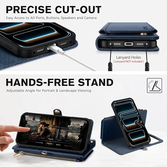TUCCH Crossbody Detachable Wallet Case for iPhone 17 Pro 6.3" 2025, 9 Card Holders RFID Blocking, Wireless Charging, Stand, Wrist Strap, Lanyard, Zipper Pocket, PU Leather Shockproof Cover, Dark Blue