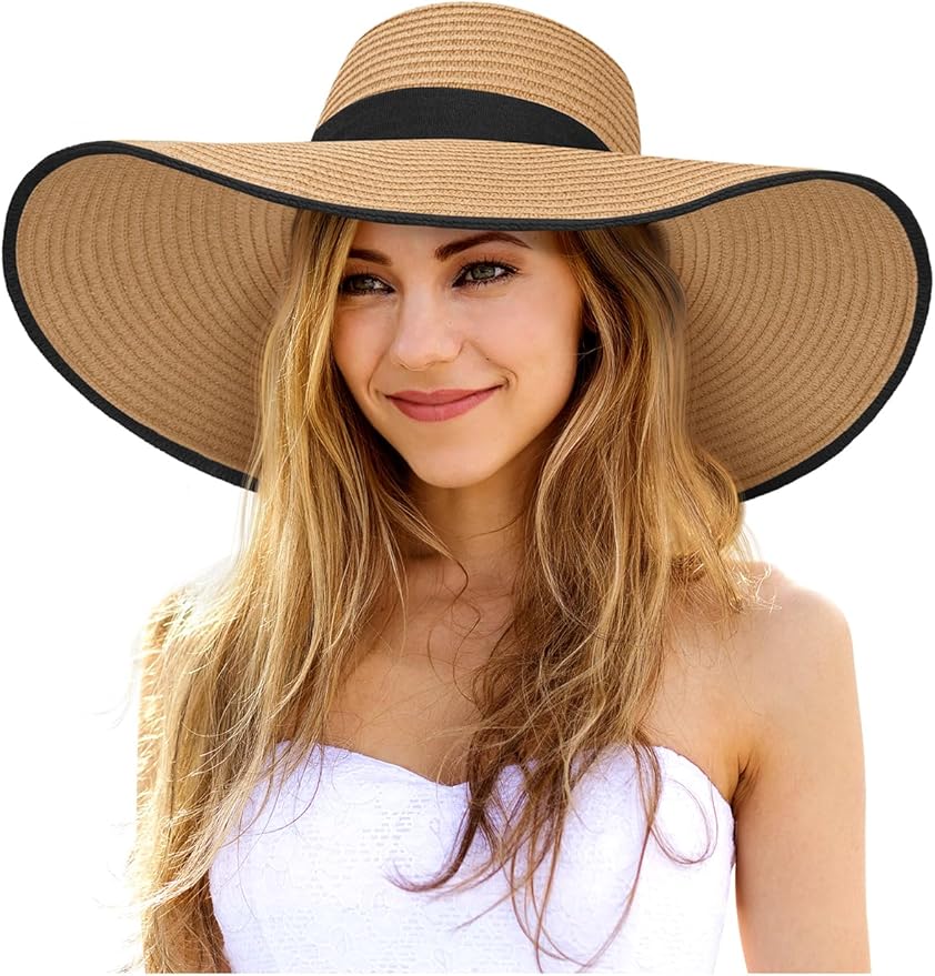 Senker Fashion Sun Hats for Women Oversize Wide Brim Straw Beach Hat Floppy Foldable Roll-Up Summer Vacation UPF 50+