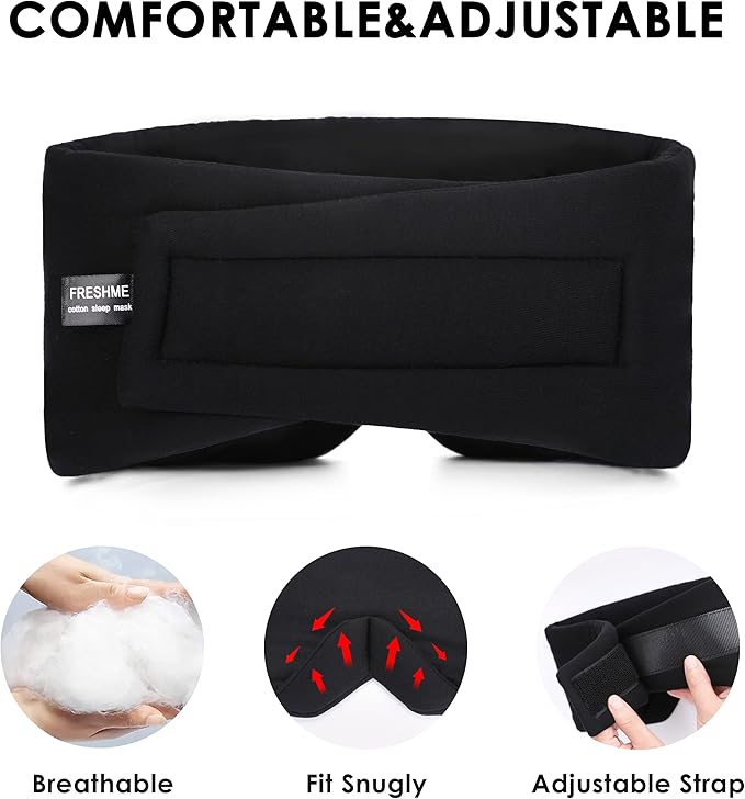 FRESHME Sleep Mask Blackout - Handmade Cotton Sleep Mask for Women Men Eye Mask for Sleeping Black Soft Eye Cover for Sleeping with Adjustable Veclro Breathable Eye Blindfold for Night Nap Travel