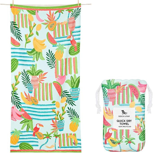 Dock & Bay Beach Towel - Quick Dry, Sand Free - Compact, Lightweight - 100% Recycled - Includes Bag - Tropicana Treat - Large (160x90cm, 63x35)
