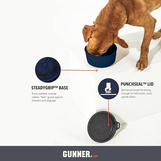 GUNNER Dog Bowl with Spill-Proof Travel Lid – 7.5" x 3.75", 1.3 lb, 7-Cup Capacity, BPA-Free, Rust-Proof, Shock-Resistant, Stackable, Dishwasher Safe, Leak-Resistant Nesting Lid – Navy